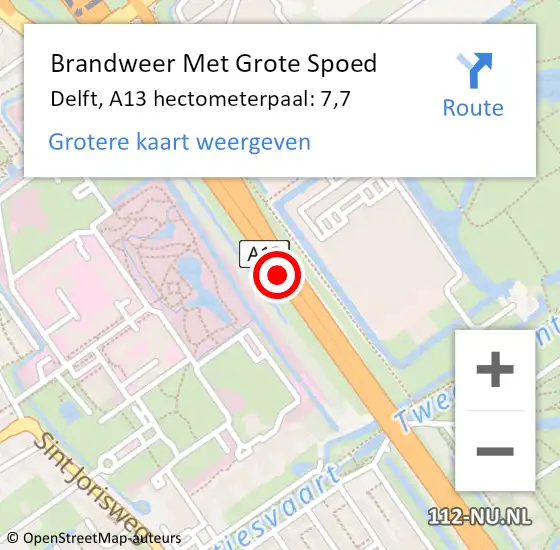 Locatie op kaart van de 112 melding: Brandweer Met Grote Spoed Naar Delft, A13 hectometerpaal: 7,7 op 18 december 2024 23:43