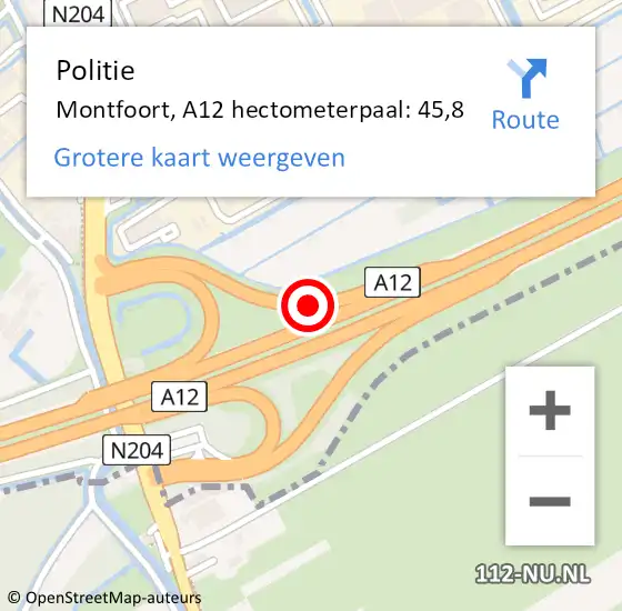 Locatie op kaart van de 112 melding: Politie Montfoort, A12 hectometerpaal: 45,8 op 19 december 2024 01:36