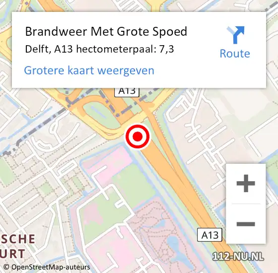 Locatie op kaart van de 112 melding: Brandweer Met Grote Spoed Naar Delft, A13 hectometerpaal: 7,3 op 19 december 2024 02:56