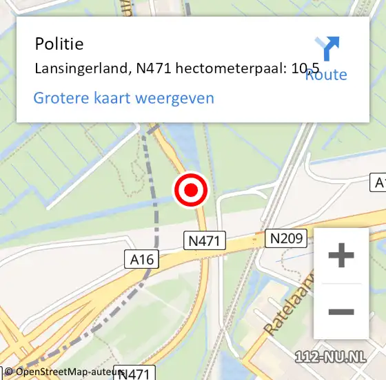 Locatie op kaart van de 112 melding: Politie Lansingerland, N471 hectometerpaal: 10,5 op 19 december 2024 06:56