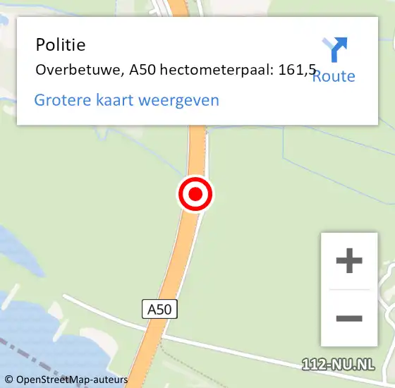 Locatie op kaart van de 112 melding: Politie Overbetuwe, A50 hectometerpaal: 161,5 op 19 december 2024 07:39