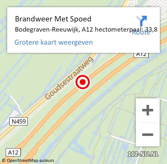 Locatie op kaart van de 112 melding: Brandweer Met Spoed Naar Bodegraven-Reeuwijk, A12 hectometerpaal: 33,8 op 19 december 2024 07:46