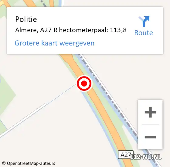 Locatie op kaart van de 112 melding: Politie Almere, A27 L hectometerpaal: 114,0 op 30 oktober 2014 21:06