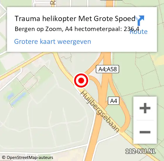 Locatie op kaart van de 112 melding: Trauma helikopter Met Grote Spoed Naar Bergen op Zoom, A4 hectometerpaal: 236,4 op 19 december 2024 07:56