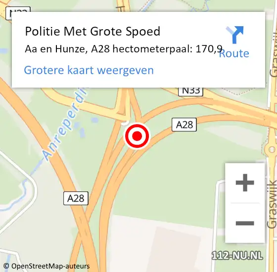 Locatie op kaart van de 112 melding: Politie Met Grote Spoed Naar Aa en Hunze, A28 hectometerpaal: 170,9 op 19 december 2024 08:14