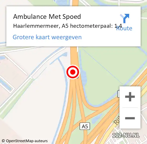 Locatie op kaart van de 112 melding: Ambulance Met Spoed Naar Haarlemmermeer, A5 hectometerpaal: 1,4 op 19 december 2024 08:32