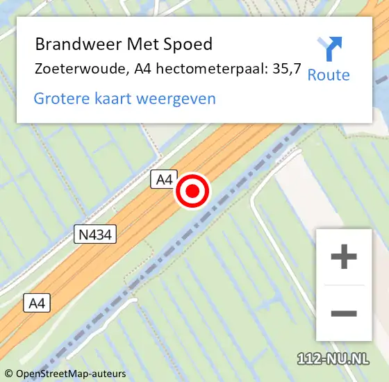 Locatie op kaart van de 112 melding: Brandweer Met Spoed Naar Zoeterwoude, A4 hectometerpaal: 35,7 op 19 december 2024 08:42