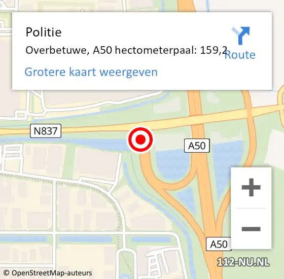 Locatie op kaart van de 112 melding: Politie Overbetuwe, A50 hectometerpaal: 159,2 op 19 december 2024 08:47