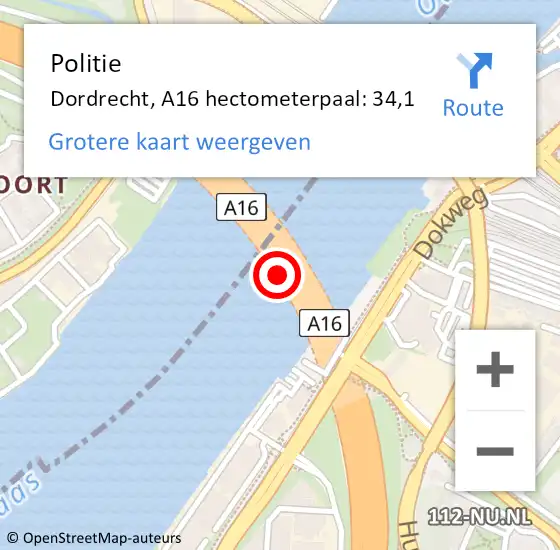 Locatie op kaart van de 112 melding: Politie Dordrecht, A16 hectometerpaal: 34,1 op 19 december 2024 09:30