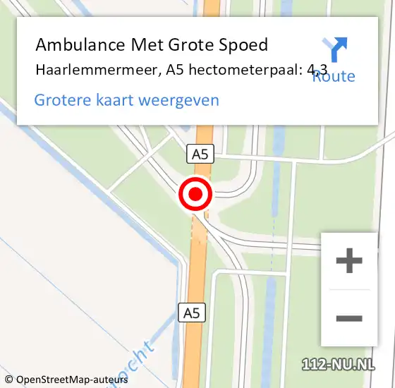 Locatie op kaart van de 112 melding: Ambulance Met Grote Spoed Naar Haarlemmermeer, A5 hectometerpaal: 4,3 op 19 december 2024 10:05