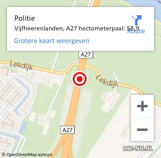 Locatie op kaart van de 112 melding: Politie Vijfheerenlanden, A27 hectometerpaal: 58,9 op 19 december 2024 10:06