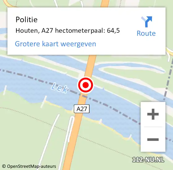 Locatie op kaart van de 112 melding: Politie Houten, A27 hectometerpaal: 64,5 op 19 december 2024 10:07