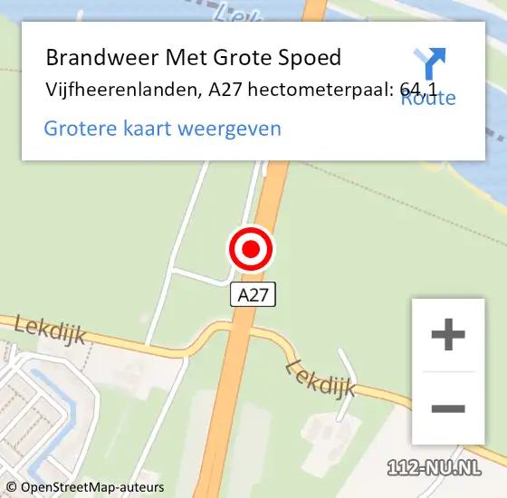 Locatie op kaart van de 112 melding: Brandweer Met Grote Spoed Naar Vijfheerenlanden, A27 hectometerpaal: 64,1 op 19 december 2024 10:21