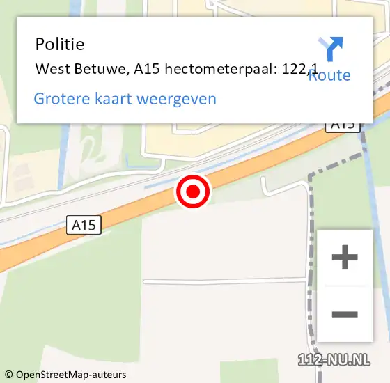 Locatie op kaart van de 112 melding: Politie West Betuwe, A15 hectometerpaal: 122,1 op 19 december 2024 11:21