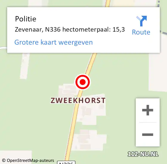 Locatie op kaart van de 112 melding: Politie Zevenaar, N336 hectometerpaal: 15,3 op 19 december 2024 12:01