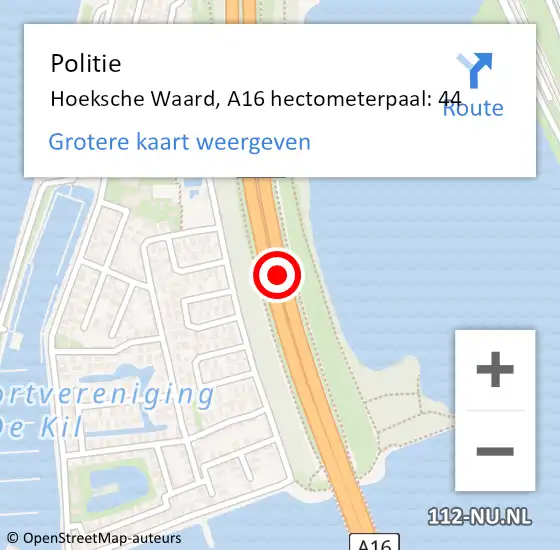 Locatie op kaart van de 112 melding: Politie Hoeksche Waard, A16 hectometerpaal: 44 op 19 december 2024 12:27