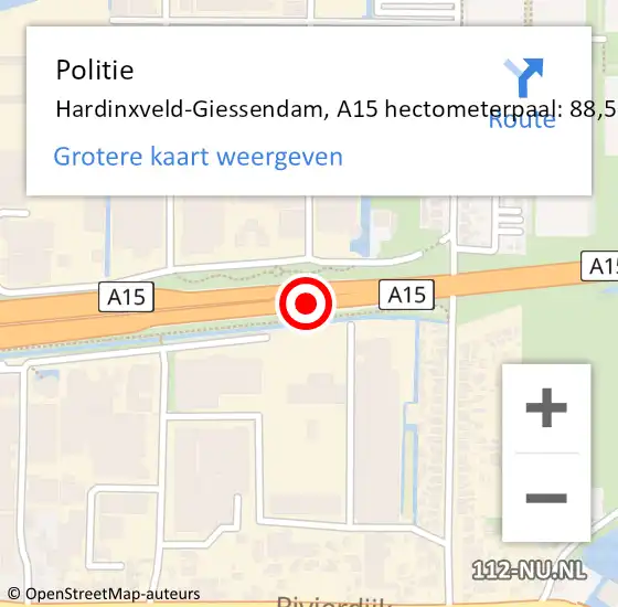 Locatie op kaart van de 112 melding: Politie Hardinxveld-Giessendam, A15 hectometerpaal: 88,5 op 19 december 2024 12:43