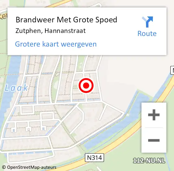 Locatie op kaart van de 112 melding: Brandweer Met Grote Spoed Naar Zutphen, Hannanstraat op 19 december 2024 15:31