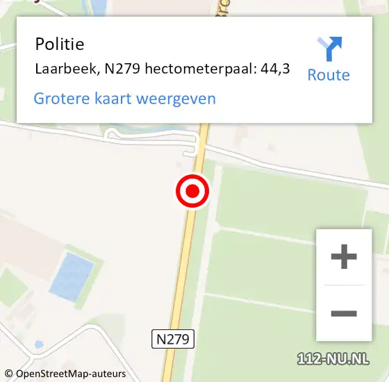 Locatie op kaart van de 112 melding: Politie Laarbeek, N279 hectometerpaal: 44,3 op 19 december 2024 17:10