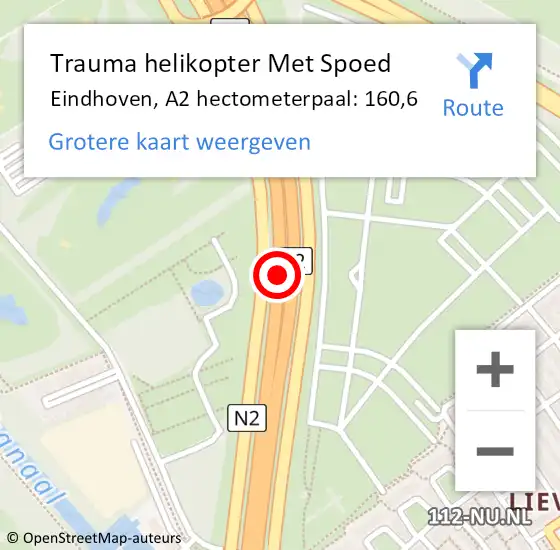 Locatie op kaart van de 112 melding: Trauma helikopter Met Spoed Naar Eindhoven, A2 hectometerpaal: 160,6 op 19 december 2024 17:37