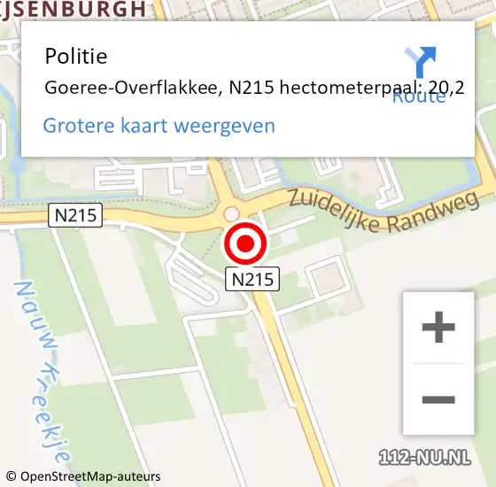 Locatie op kaart van de 112 melding: Politie Goeree-Overflakkee, N215 hectometerpaal: 20,2 op 19 december 2024 17:57