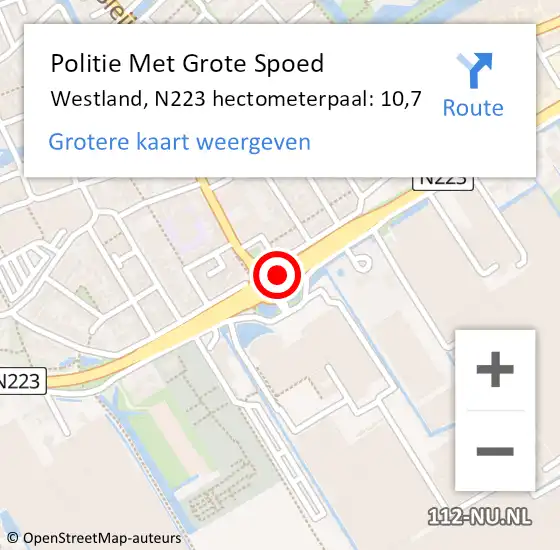 Locatie op kaart van de 112 melding: Politie Met Grote Spoed Naar Westland, N223 hectometerpaal: 10,7 op 19 december 2024 18:17