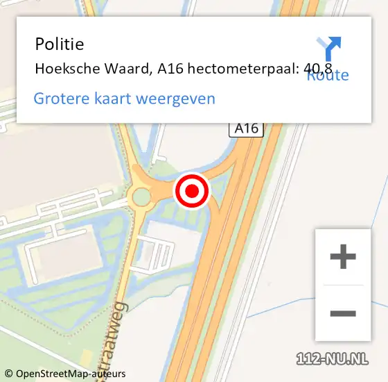 Locatie op kaart van de 112 melding: Politie Hoeksche Waard, A16 hectometerpaal: 40,8 op 19 december 2024 19:36