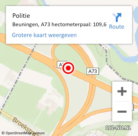 Locatie op kaart van de 112 melding: Politie Beuningen, A73 hectometerpaal: 109,6 op 20 december 2024 00:35