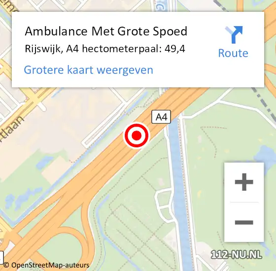 Locatie op kaart van de 112 melding: Ambulance Met Grote Spoed Naar Rijswijk, A4 hectometerpaal: 49,4 op 20 december 2024 01:17