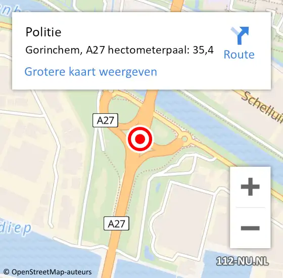 Locatie op kaart van de 112 melding: Politie Gorinchem, A27 hectometerpaal: 35,4 op 20 december 2024 11:52