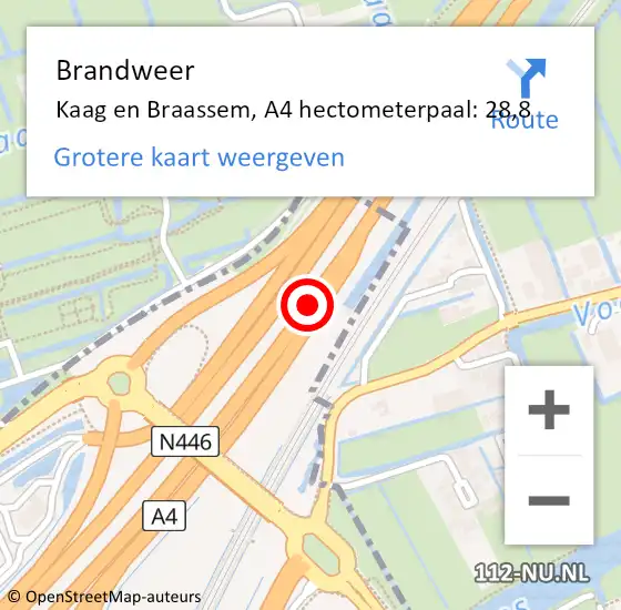 Locatie op kaart van de 112 melding: Brandweer Kaag en Braassem, A4 hectometerpaal: 28,8 op 20 december 2024 13:21