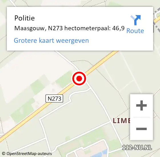 Locatie op kaart van de 112 melding: Politie Maasgouw, N273 hectometerpaal: 46,9 op 20 december 2024 15:14