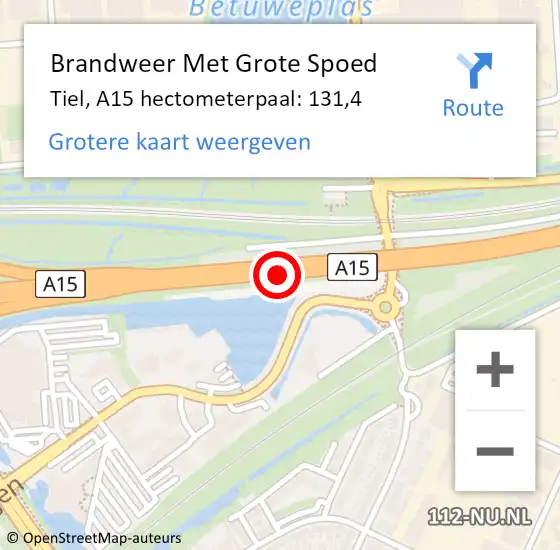 Locatie op kaart van de 112 melding: Brandweer Met Grote Spoed Naar Tiel, A15 hectometerpaal: 131,4 op 20 december 2024 15:44