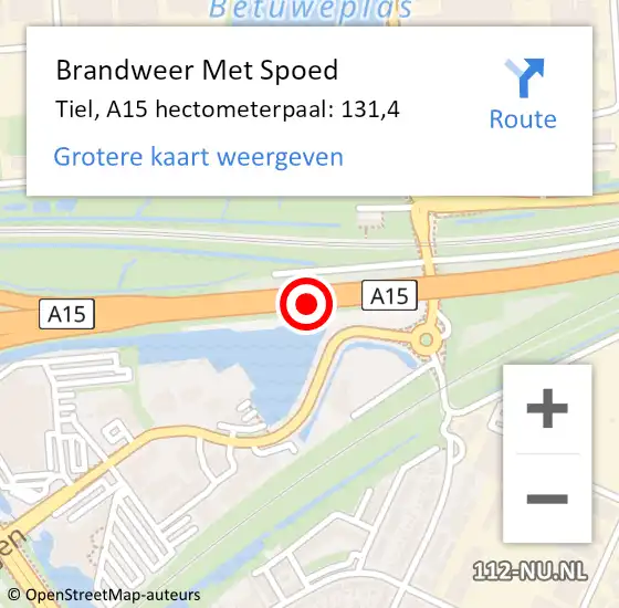 Locatie op kaart van de 112 melding: Brandweer Met Spoed Naar Tiel, A15 hectometerpaal: 131,4 op 20 december 2024 15:51