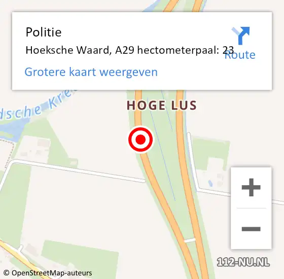 Locatie op kaart van de 112 melding: Politie Hoeksche Waard, A29 hectometerpaal: 23 op 20 december 2024 17:00