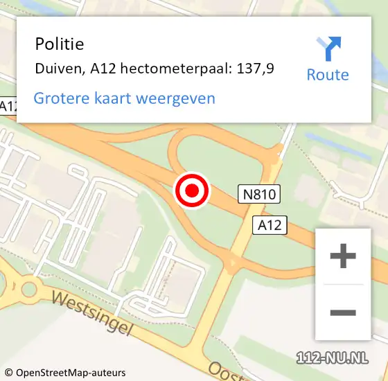 Locatie op kaart van de 112 melding: Politie Duiven, A12 hectometerpaal: 137,9 op 20 december 2024 23:01