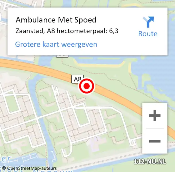 Locatie op kaart van de 112 melding: Ambulance Met Spoed Naar Zaanstad, A8 hectometerpaal: 6,3 op 20 december 2024 23:14