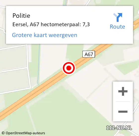 Locatie op kaart van de 112 melding: Politie Eersel, A67 hectometerpaal: 7,3 op 20 december 2024 23:20