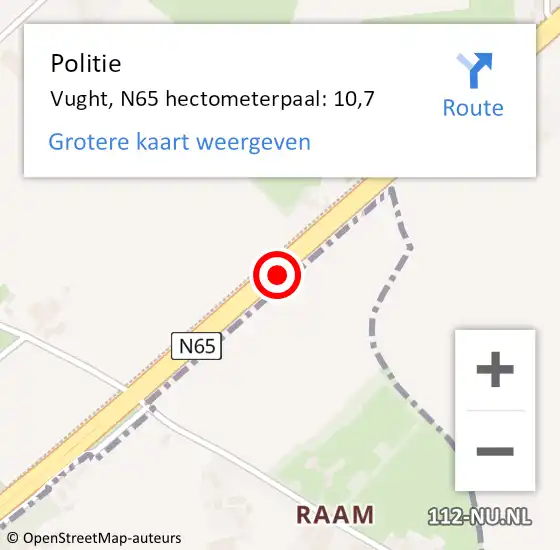 Locatie op kaart van de 112 melding: Politie Vught, N65 hectometerpaal: 10,7 op 21 december 2024 01:16