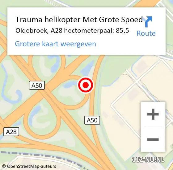 Locatie op kaart van de 112 melding: Trauma helikopter Met Grote Spoed Naar Oldebroek, A28 hectometerpaal: 85,5 op 21 december 2024 01:18