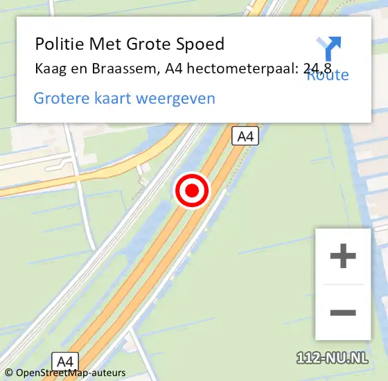 Locatie op kaart van de 112 melding: Politie Met Grote Spoed Naar Kaag en Braassem, A4 hectometerpaal: 24,8 op 21 december 2024 08:10