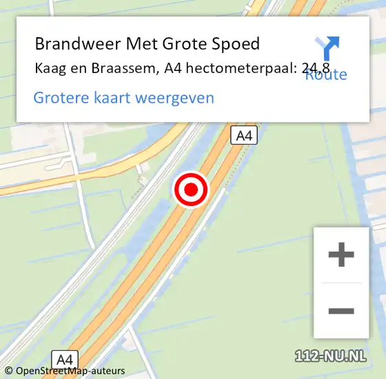 Locatie op kaart van de 112 melding: Brandweer Met Grote Spoed Naar Kaag en Braassem, A4 hectometerpaal: 24,8 op 21 december 2024 08:12