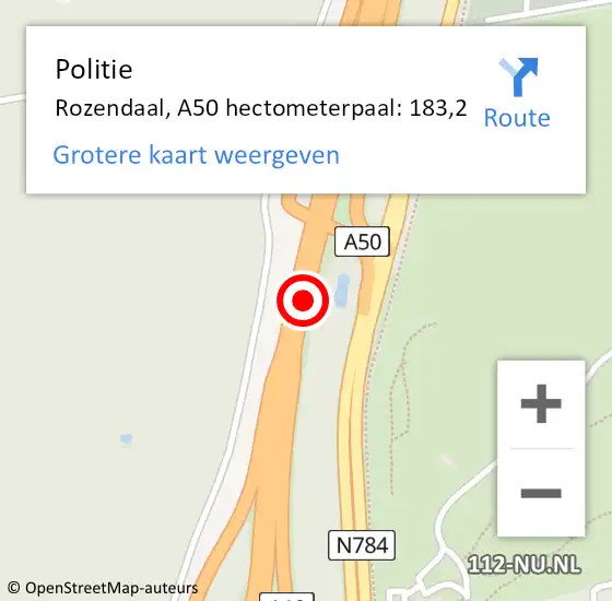 Locatie op kaart van de 112 melding: Politie Rozendaal, A50 hectometerpaal: 183,2 op 21 december 2024 08:35