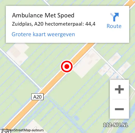 Locatie op kaart van de 112 melding: Ambulance Met Spoed Naar Zuidplas, A20 hectometerpaal: 44,4 op 21 december 2024 09:02