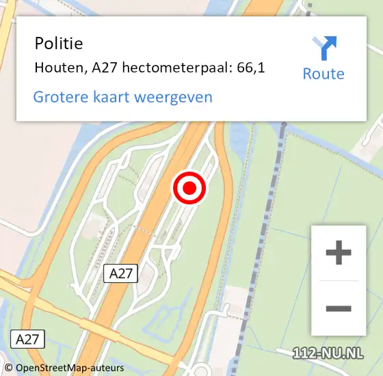 Locatie op kaart van de 112 melding: Politie Houten, A27 hectometerpaal: 66,1 op 21 december 2024 14:02