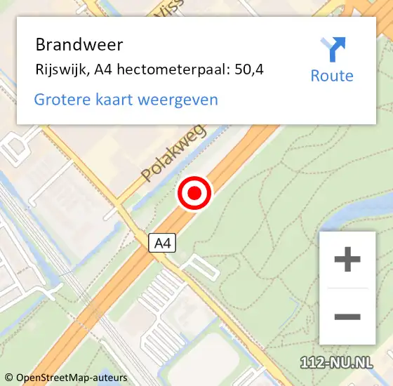 Locatie op kaart van de 112 melding: Brandweer Rijswijk, A4 hectometerpaal: 50,4 op 21 december 2024 14:03