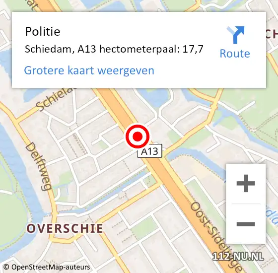 Locatie op kaart van de 112 melding: Politie Schiedam, A13 hectometerpaal: 17,7 op 21 december 2024 18:48