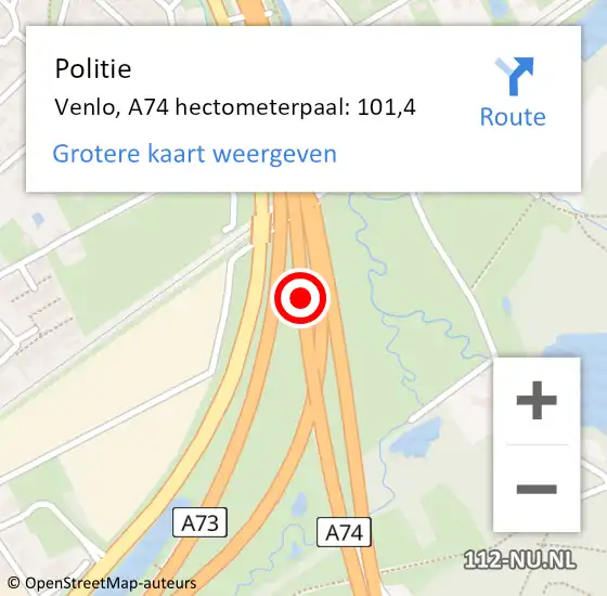 Locatie op kaart van de 112 melding: Politie Venlo, A74 hectometerpaal: 101,4 op 21 december 2024 18:55