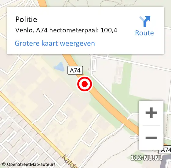 Locatie op kaart van de 112 melding: Politie Venlo, A74 hectometerpaal: 100,4 op 21 december 2024 19:04