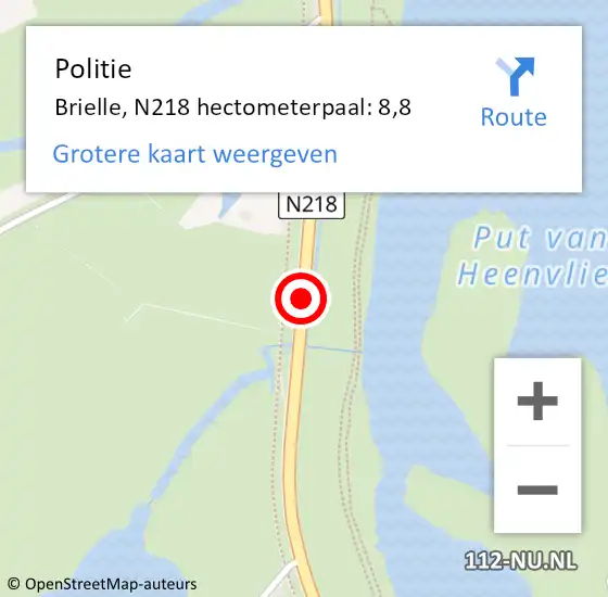 Locatie op kaart van de 112 melding: Politie Brielle, N218 hectometerpaal: 8,8 op 21 december 2024 19:40